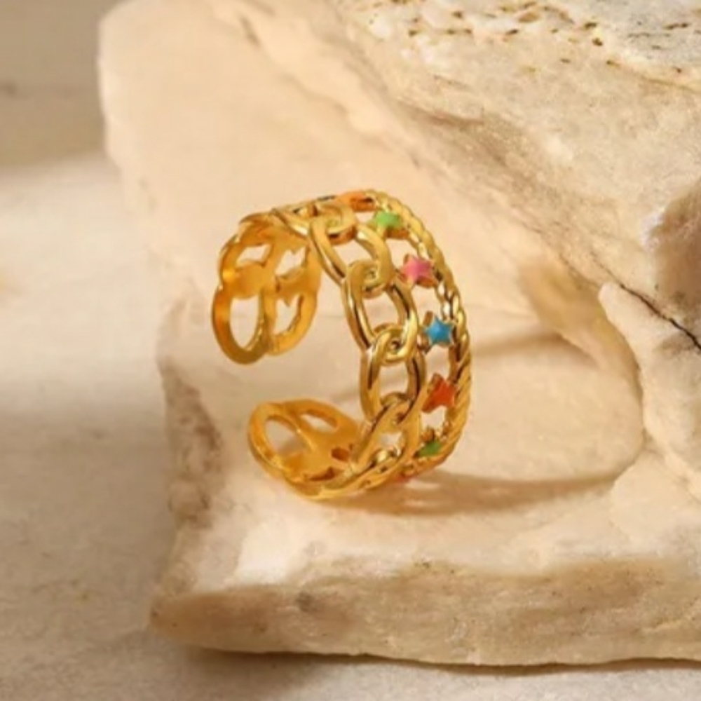 Ring Colorful Star Steel Multi-color On Gold Tone Open-end - Picture 8 of 11